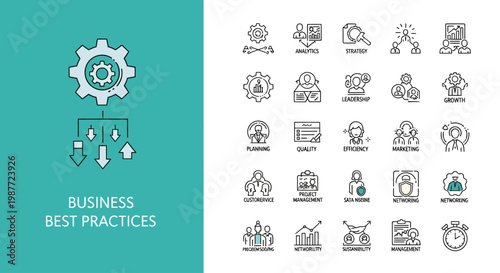 Icon Set for UI UX Web and App Design Vector, Business best practices icon set with management and strategy symbols