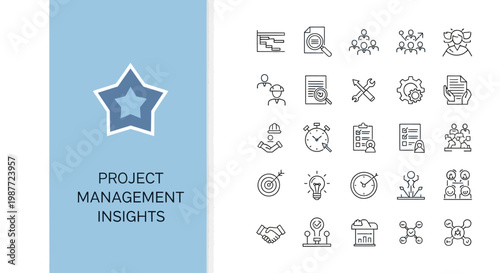 Icon Set for UI UX Web and App Design Vector, Project management insights icon set with star and blue background