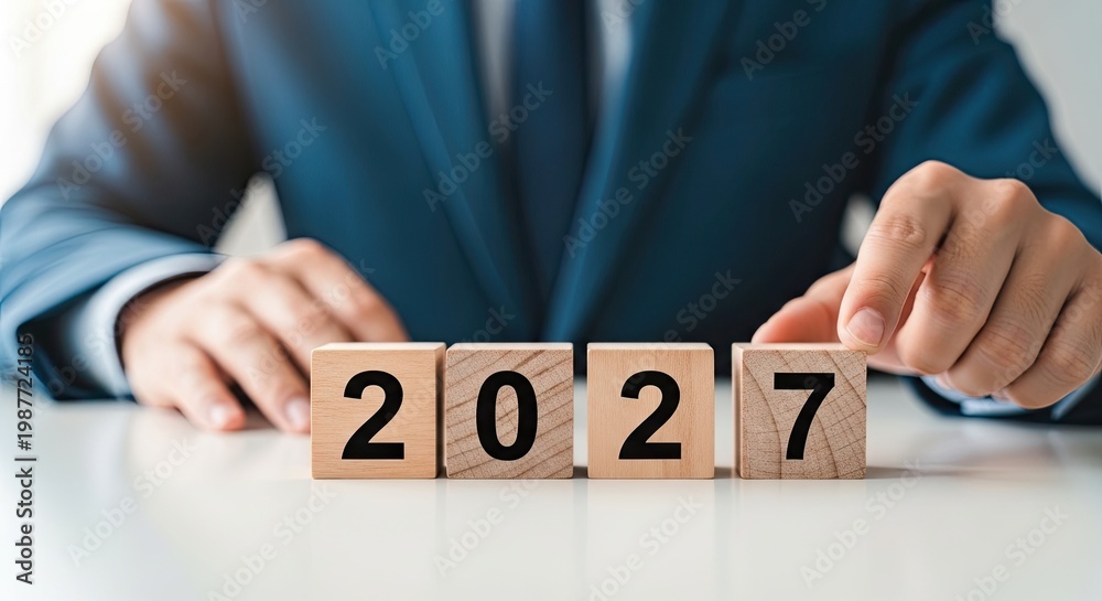 Obraz premium An executive in a dark blue suit rests their hands on a row of four wooden blocks displaying the future calendar year twenty twenty seven on a white desk.