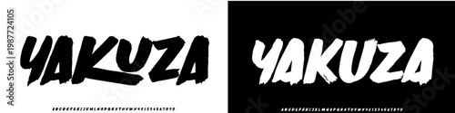 Yakuza Lettering font isolated on black background. Texture alphabet in street art and graffiti style. Grunge and dirty effect. Vector brush letters.