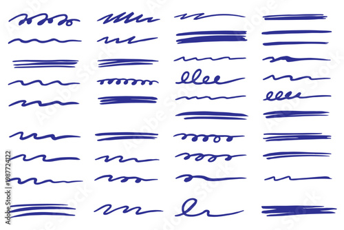 Line color brush underline set. Line underline brush hand drawn pen marker strokeswoosh, squiggle shape..Doodle scribble wavy wave highlight handwriting ink shape background. Vector illustration