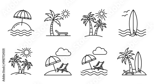 Set of Eight Line Art Beach Vacation Icons Featuring Palm Trees Surfboards Beach Chairs and Umbrellas on Islands and in Water