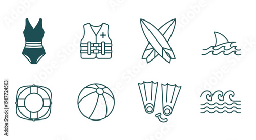 Set of Isolated Summer Beach Vacation Icons for Travel and Recreation Including Swimsuit Life Vest Surfboards Shark Fin Lifebuoy Beach Ball and Flippers