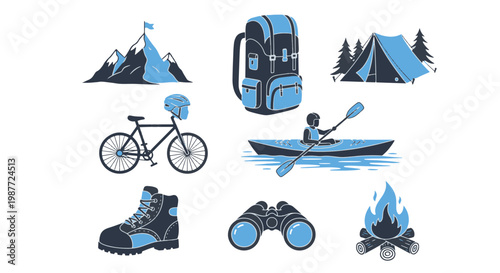 Set of Outdoor Adventure and Camping Icons Including Mountains Backpack Tent Bicycle Kayak Boot Binoculars and Campfire
