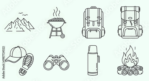 Set of Outdoor Recreation and Camping Icons Including Mountains Grill Backpacks Cap Boot Print Binoculars Thermos and Campfire