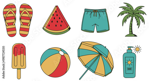 Summer Beach Holiday Essentials Collection with Flip flops Watermelon Swim Trunks Palm Tree Popsicle Beach Ball Umbrella and Sunscreen