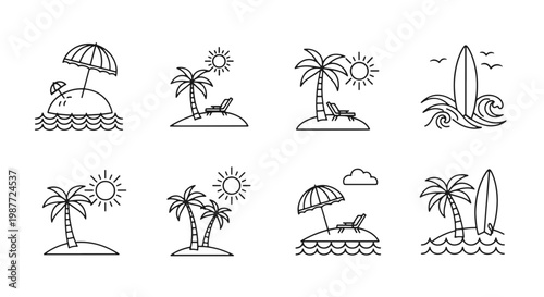 Tropical Island Paradise with Palm Trees Beach Chairs and Umbrellas Outlined on a Calm Sea