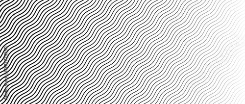 Black diagonal wave texture gradient. Wavy line pattern wallpaper. Fading curved linear halftone gradation. Thin to thick undulate stripe background for overlay, print, cover, graphic design. Vector