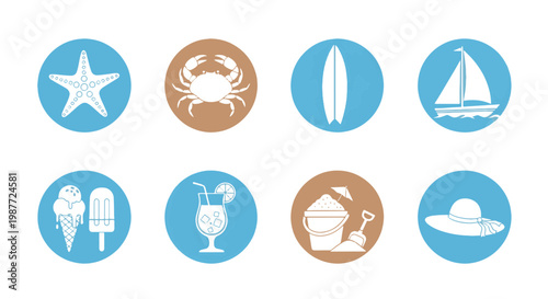 Collection of Eight Circular Beach themed Icons Featuring a Starfish Crab Surfboard Sailboat Ice Cream Cocktail Sand Bucket and Sun Hat