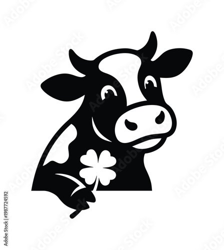 Cute cow head with clover leaf vector, happy dairy animal mascot, black and white farm icon