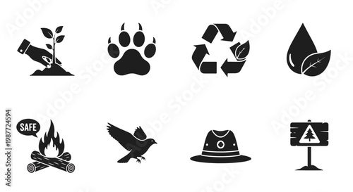 Collection of Environmental and Nature Conservation Icons Including Planting Paw Print Recycling Water Drop Campfire Bird Hat and Sign