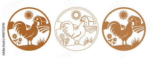 Vintage rooster farm logo set, rustic poultry emblems, brown barn and sun vector illustrations