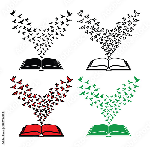 Open book with flying birds vector set, literary imagination icons, education and freedom symbols