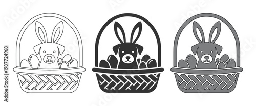 Easter dog icons, puppy with bunny ears in basket, holiday pet vector set of 3