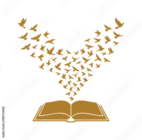 Golden open book with flying birds, literary imagination concept, education and wisdom vector