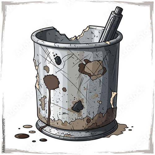 Broken Trash Can with Pen