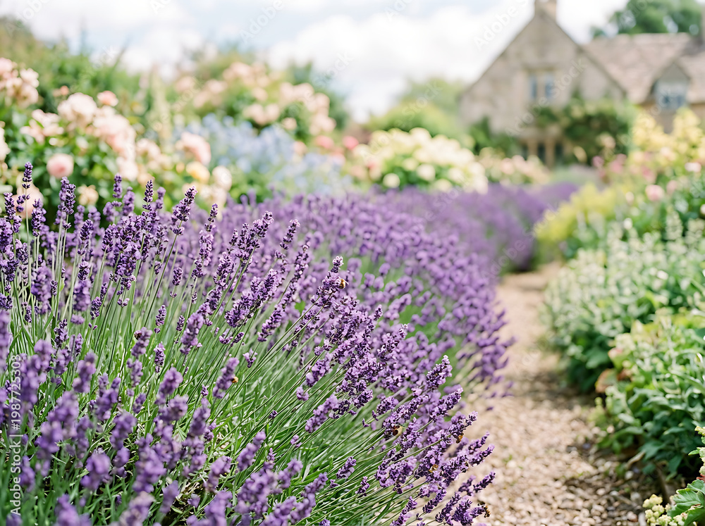 Obraz premium Lush purple heather flowers covering a grassy hillside landscape