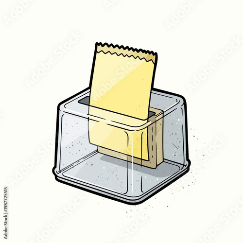 Transparent dispenser holding yellow sticky notes, isolated on white background