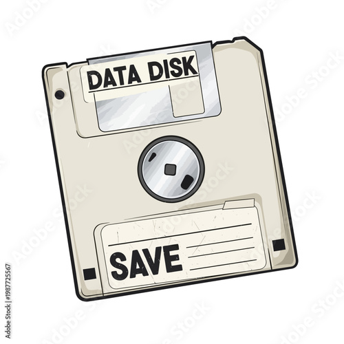 Vintage floppy disk with 'Data Disk' and 'Save' labels, retro technology illustration