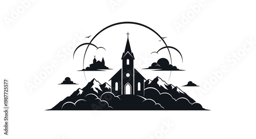 Minimalist Church Silhouette with Mountains and Clouds Vector