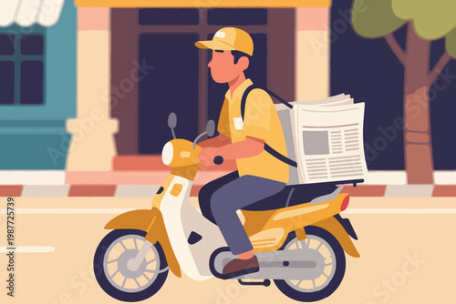 Cartoon newspaper delivery worker riding yellow motorbike with stack of papers on urban street background.