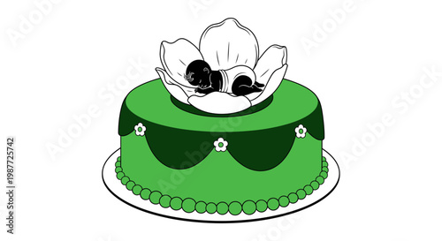 Vector Illustration of a Green Baby Shower Cake with Sleeping Infant