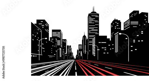 Modern City Skyline and Highway with Fast Light Trails Illustration