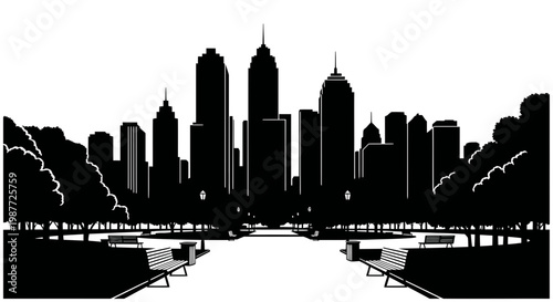 Black and White Vector Illustration of City Skyline and Public Park