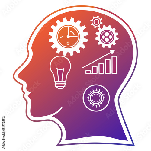 Human head outline with internal business icons.