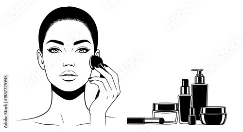 Beautiful woman applying makeup with cosmetic products vector illustration