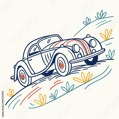 Vintage convertible driving on winding road.