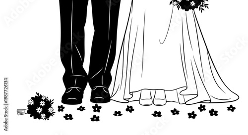 Bride and Groom Feet with Dropped Bouquet Vector Illustration