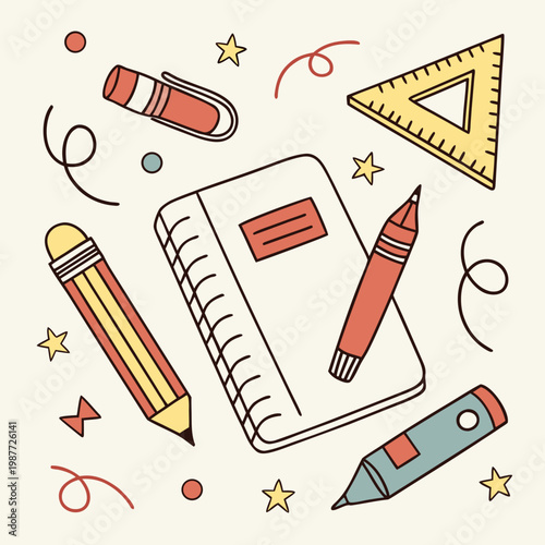 Creative stationery items with notebook and stars.