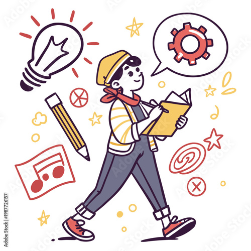 Young inventor sketching plans in notebook page.