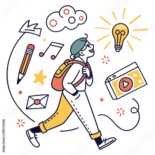 Student walking with backpack finding new ideas.