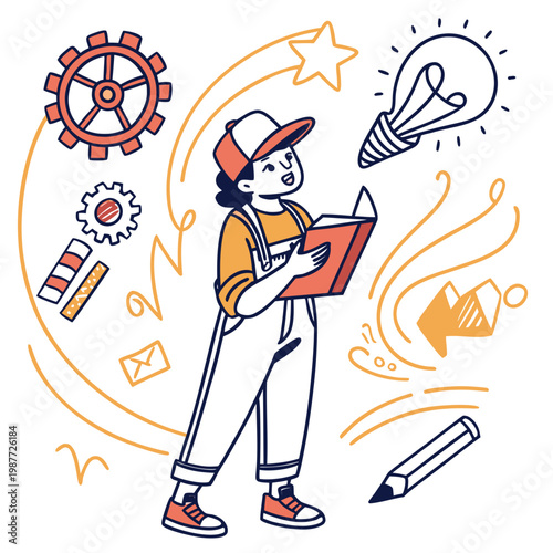 Child reading book with gears and ideas.