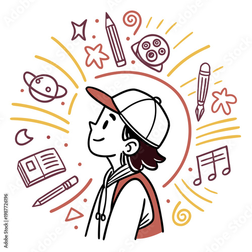 Boy surrounded by symbols of imagination and art.