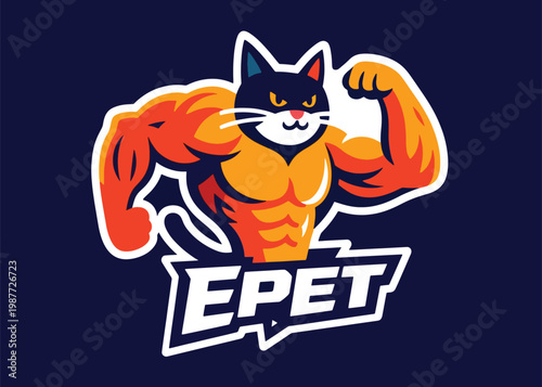 Stylized muscular cat flexing biceps with bold EPET text logo on dark blue background.