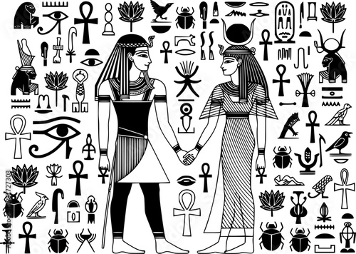Ancient Egyptian couple holding hands surrounded by hieroglyphs and symbols of pharaonic culture.
