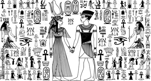 Ancient Egyptian couple holding hands surrounded by hieroglyphs and symbols of pharaonic culture.
