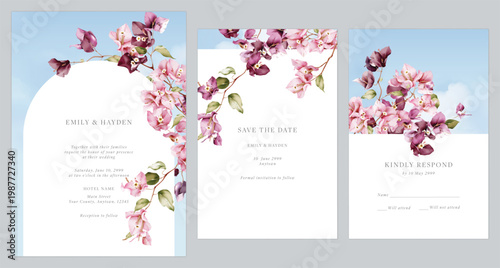 Wedding invitation suite featuring watercolor-style Bougainvillea flowers on a soft blue sky background
