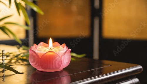 A lit pink lotus flower shaped candle glows softly on a dark wooden surface with bamboo leaves in the background