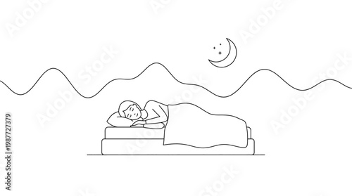 Man sleeping peacefully on bed under moonlit sky. Vector illustration. Isolated on a white background.