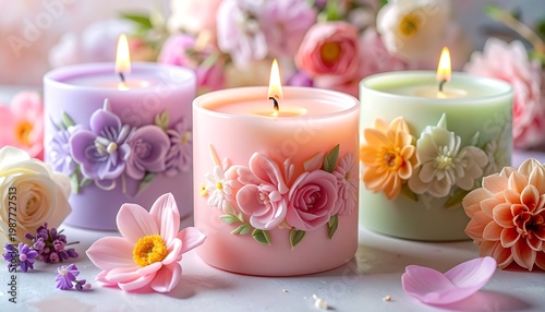 Three cylindrical, lit candles are decorated with floral relief. Blossoms and blooms surround the scented wax on a light surface