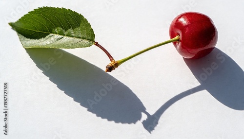 Single ripe red cherry with a green leaf and stem casting a shadow on a white surface