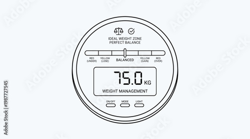 Digital weight scale display showing 75.0 kg and weight management. Vector illustration. Isolated on a white background.