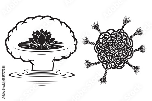 Lotus flower in water and knotted rope illustrations with reflection, silhouette