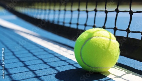 Close-up of a bright yellow tennis ball resting on a blue hard court next to the net on a sunny day