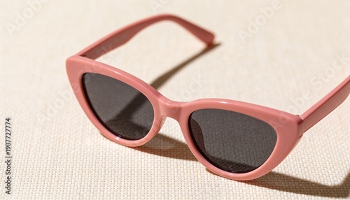 Stylish pink cat-eye sunglasses with dark lenses resting on a textured neutral surface with soft light