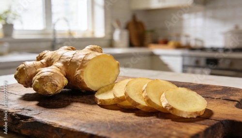 Fresh ginger root sliced on a wooden cutting board in a bright, modern kitchen setting